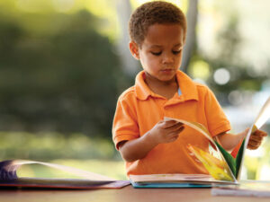 Toddler reading a book